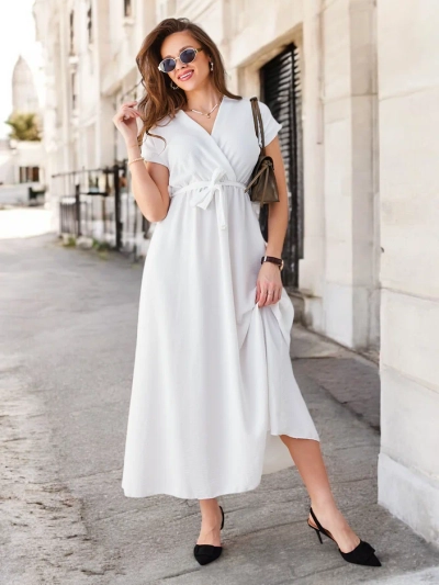 Rochie midi pentru femei Royalfashion cu decolteu înfășurat, mâneci scurte și un centură