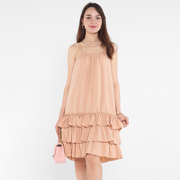 Rochie de dama cu bretele camel cu volane - Imbracaminte
