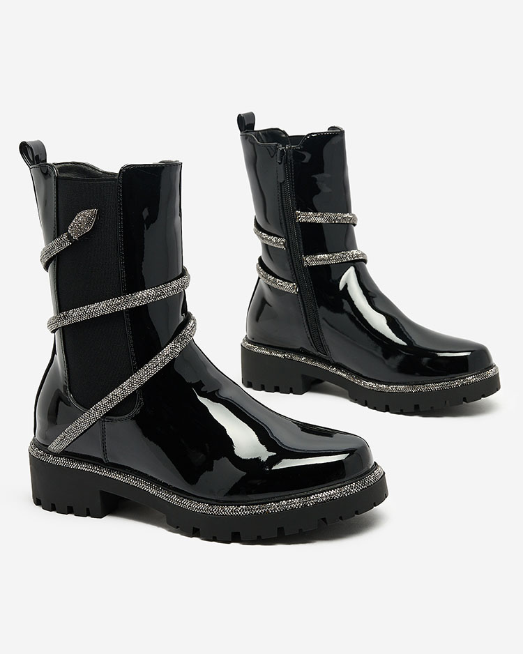 Royalfashion Cizme negre lăcuite pentru femei cu ornament la modă Frosty Glam