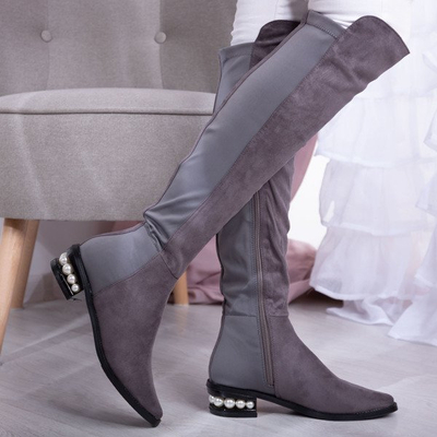 Szare kozaki za kolano ze zdobionym obcasem La Perla - Obuwie 