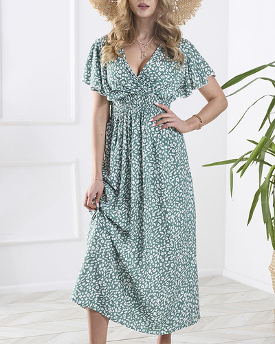 Rochie de damă verde închis, floral, cu decolteu plic - Îmbrăcăminte