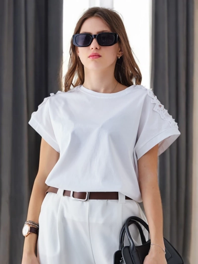 Royalfashion Tricou din bumbac pentru femei cu mâneci din dantelă