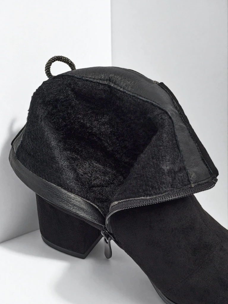 Botine de damă Ornella din piele ecologică intoarsă cu toc gros