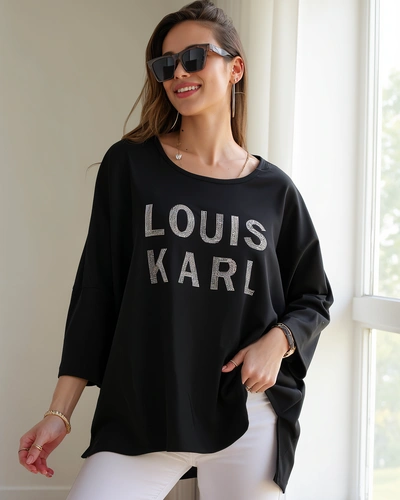 Bluză din viscoză pentru femei Royalfashion cu inscripții din pietre prețioase