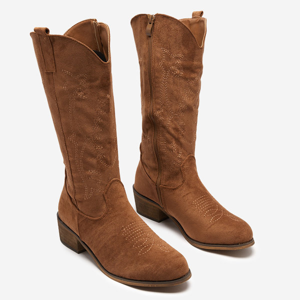 OUTLET Cizme de dama izolate la mijlocul gambei cu broderie camel Redarika - Incaltaminte