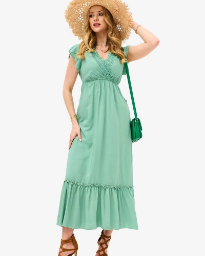 Rochie lungă verde de damă cu dantelă - Îmbrăcăminte