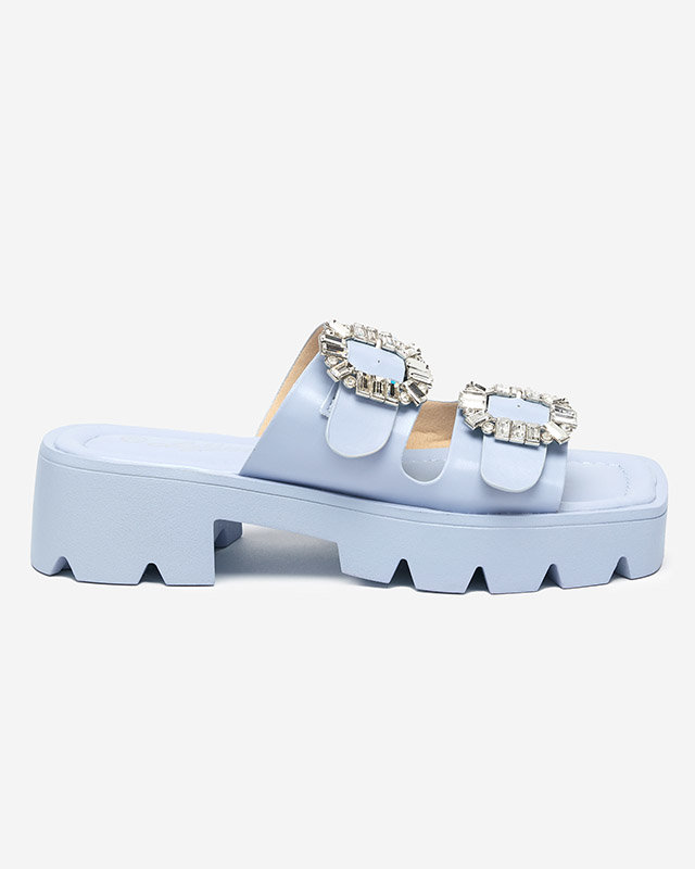 OUTLET Papuci de dama albastri cu ornamente de zircon Sadoh- Incaltaminte