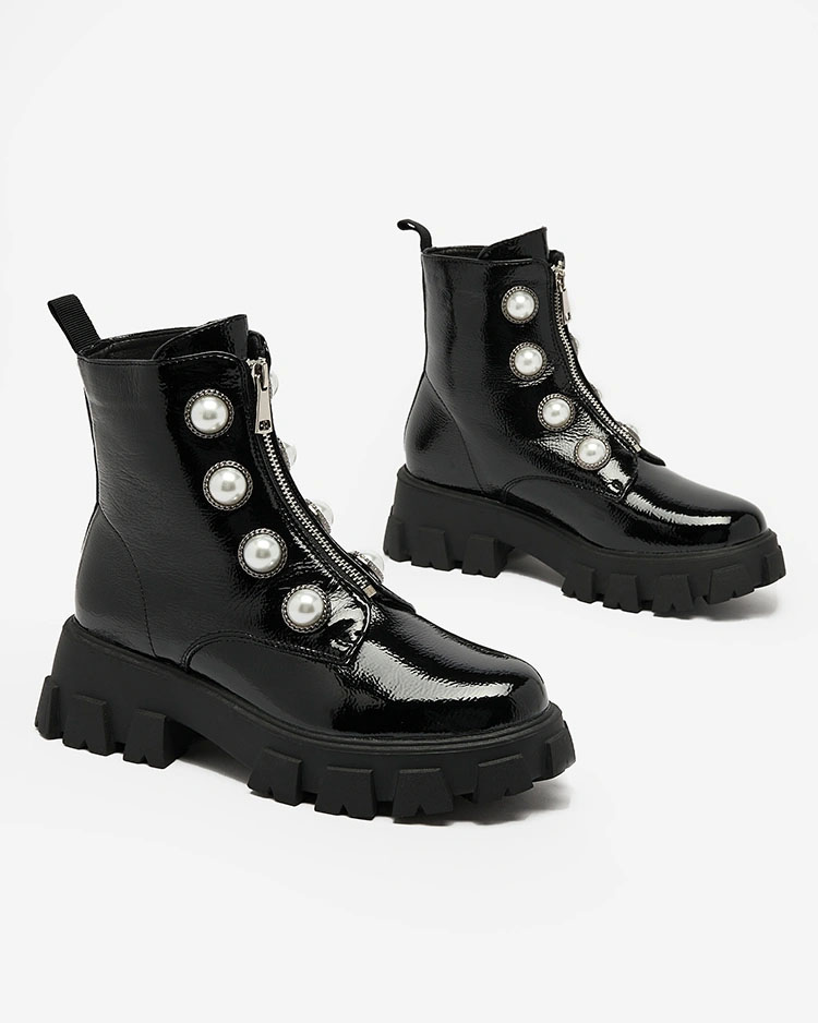 Royalfashion Cizme cu perle lăcuite pentru femei negre Asiciu