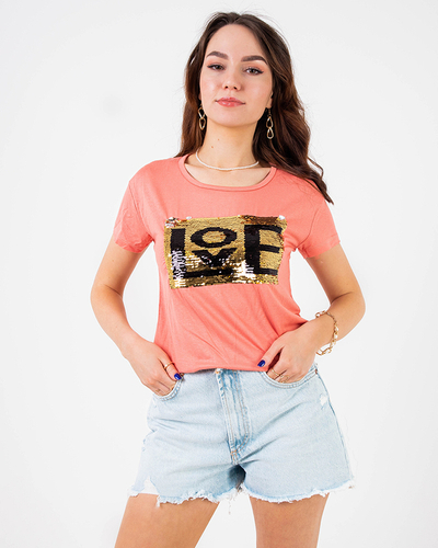 Tricou de damă coral cu inscripție și paiete - Îmbrăcăminte