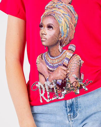 Tricou dama fucsia cu imprimeu colorat si paiete - Imbracaminte