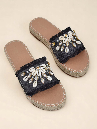 Sandały damskie Royalfashion Helena Decor czarne espadryle z muszelkami
