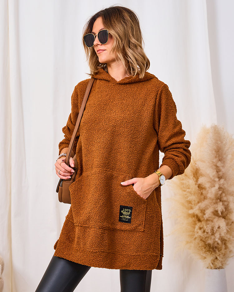 Royalfashion Camel Pulover lung pentru femei cu glugă