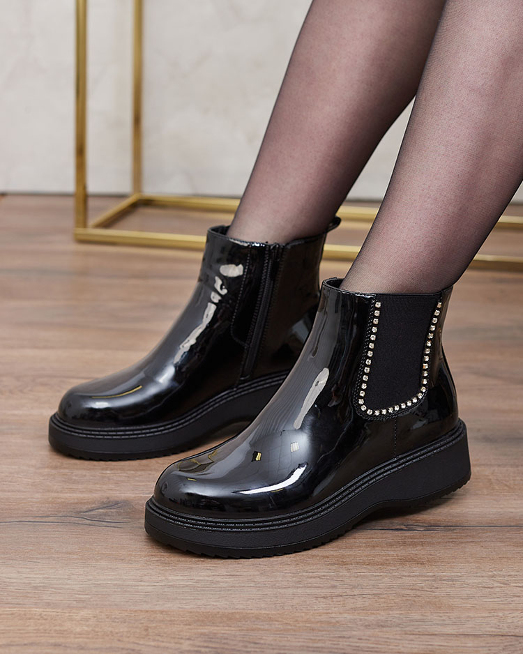 Royalfashion Cizme negre cu toc plat pentru femei cu zirconii Winuma