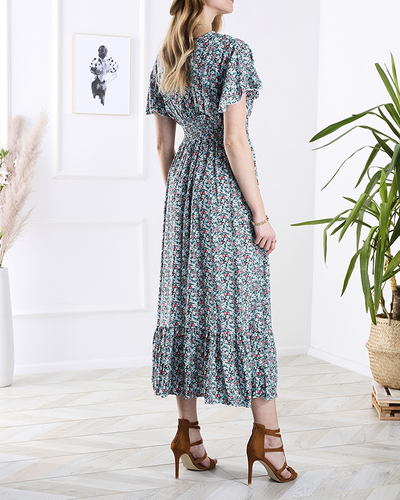 Rochie midi florală de damă, de culoare albastră- Îmbrăcăminte