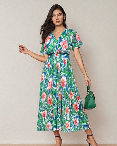 Royalfashion Rochie midi plisată cu motive florale pentru femei