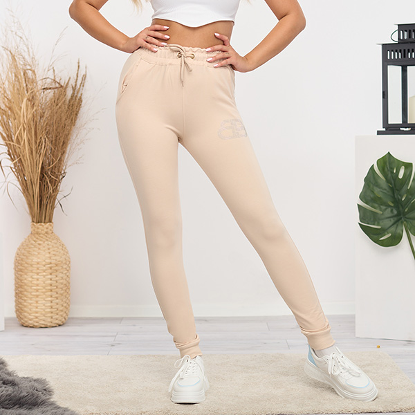 Pantaloni de trening de dama bej deschis cu zirconiu cubic - Imbracaminte