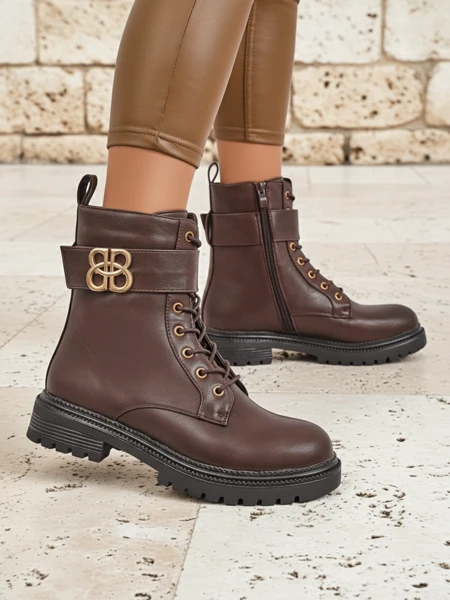 Botine din piele Castorina maro cu fermoar, vârf rotund, piele ecologică