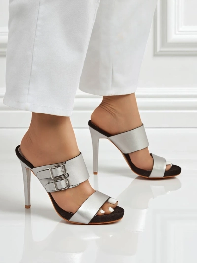 Sandale Aletheia argintii cu toc stiletto de 12 cm din piele ecologică cu curele