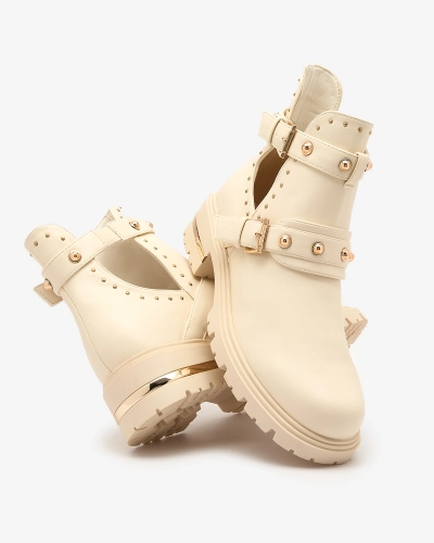 Royalfashion Cream Cizme cu toc plat cu decor Jewel Walk pentru femei