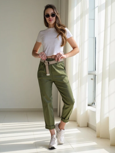 Pantaloni drepți din viscoză pentru femei Royalfashion cu brâu