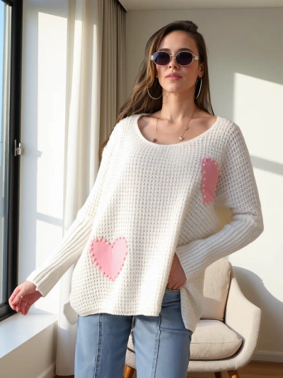 Pulover acrylic oversized pentru femei Royalfashion cu inimioare