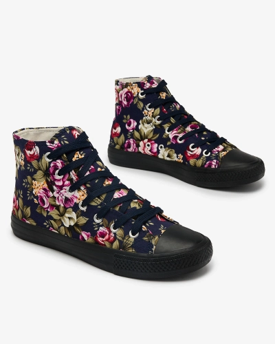 Royalfashion Adidași înalți de damă de culoare albastru marin cu flori colorate Soxic