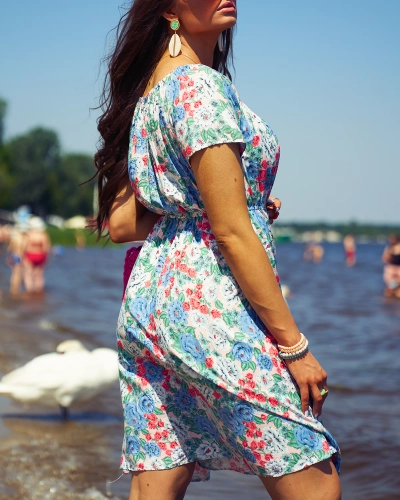 Royalfashion Rochie mini florală pentru femei a'la hiszpanka în albastru