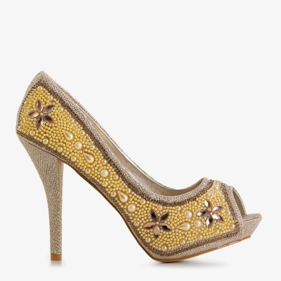 OUTLET Pompă de brocart pentru femei de aur, cu zirconii și perle Gitana - pantofi