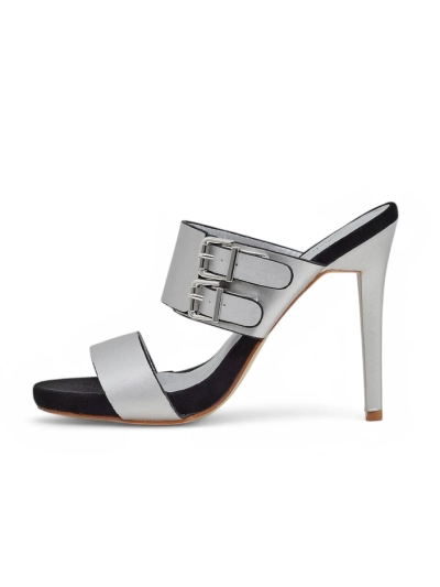 Sandale Aletheia argintii cu toc stiletto de 12 cm din piele ecologică cu curele