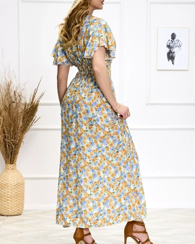 Rochie midi florală de damă albastră și galbenă - Pantofi