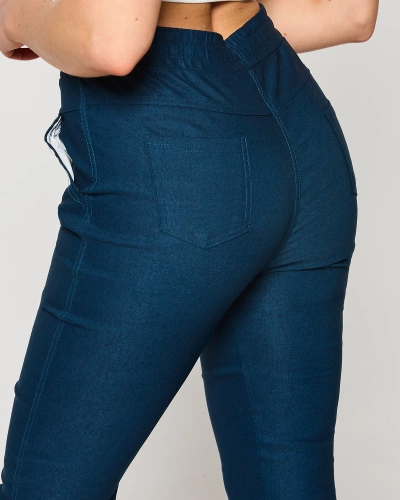 Pantaloni drepți de damă din stofă de culoare albastru marin PLUS SIZE- Îmbrăcăminte