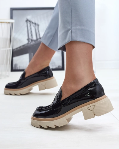 Mocasini negri de damă din piele ecologică din piele lăcuită Sepop- Footwear