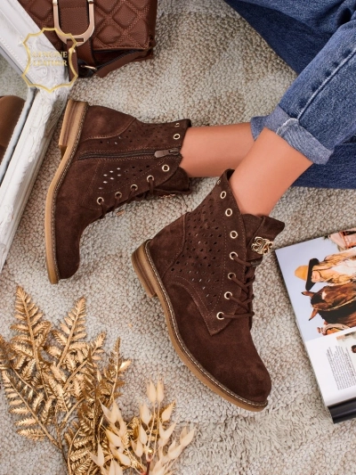 Aurelia Botine Maro din Piele Întoarsă cu Blană Ajurate Elegante 2,5cm