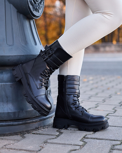 Royalfashion Cizme bagger de damă din piele ecologică de culoare neagră Faserti