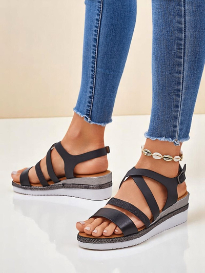 Aurelia Nero – Schwarze Damen Sandalen mit Keilabsatz Royalfashion Eco-Leder