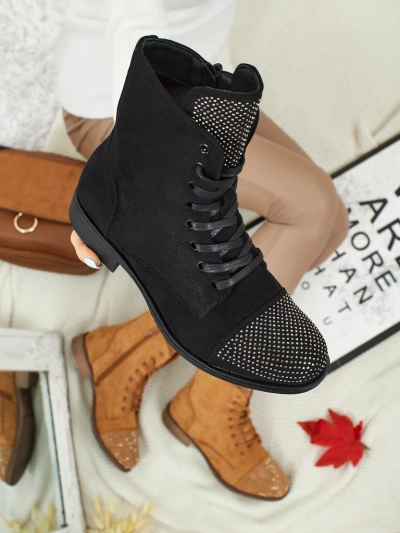 Botine de damă cu șireturi din piele ecologică întoarsă cu zirconiu Marvelli