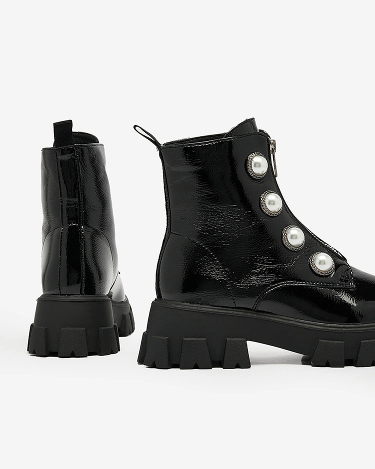 Royalfashion Cizme cu perle lăcuite pentru femei negre Asiciu