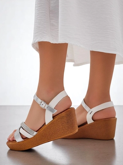 Sandale cu toc wedge Royalfashion pentru femei, cu pietre strass și sclipici Glittera