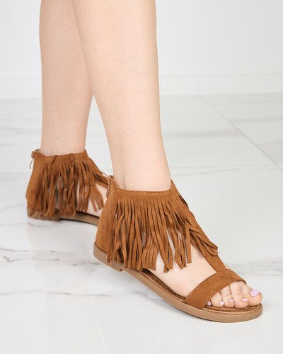 OUTLET Sandale dama cu franjuri camel Clov- Pantofi