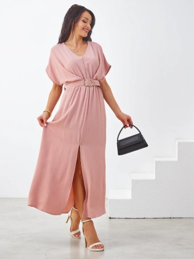 Rochie midi pentru femei Royalfashion cu mâneci scurte, decolteu în V și fante în mijloc