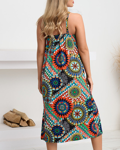 Rochie midi portocalie cu model geometric colorat - Imbracaminte