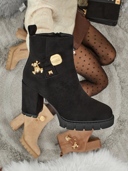 Botine de damă din piele ecologică întoarsă cu toc gros Bearr