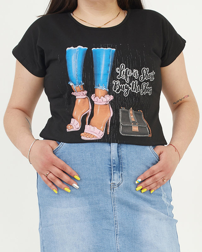 Tricou de damă negru cu imprimeu - Îmbrăcăminte