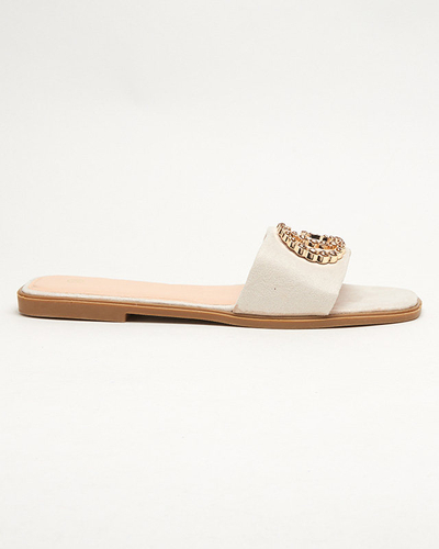 Papuci bej din piele intoarsa ecologica cu ornament Hana auriu - Incaltaminte