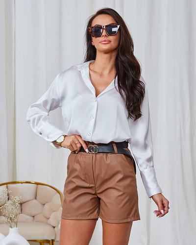 Royalfashion Pantaloni scurți din piele ecologică pentru femei, de culoare camel