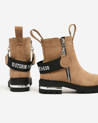 Royalfashion Cizme maro din eco-suede maro cu curea și fermoare Redmisala