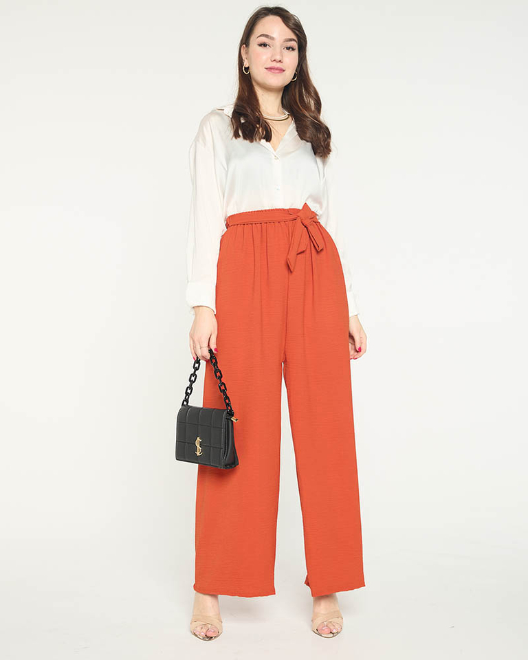 Pantaloni palazzo largi portocalii de damă cu bandă cravată în talie - Îmbrăcăminte