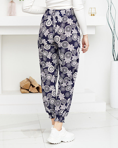 Pantaloni de damă bleumarin și alb cu imprimeu PLUS SIZE - Îmbrăcăminte
