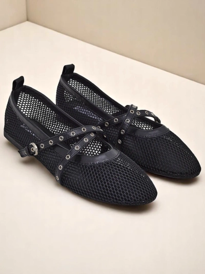 Balerini Royalfashion Arethusa Nero din plasă cu toc plat