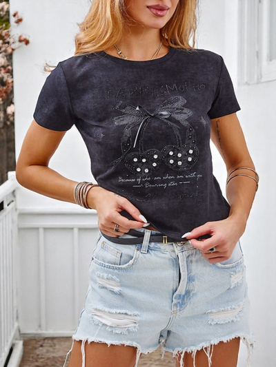 Royalfashion Tricou de damă din bumbac cu strasuri și fundă